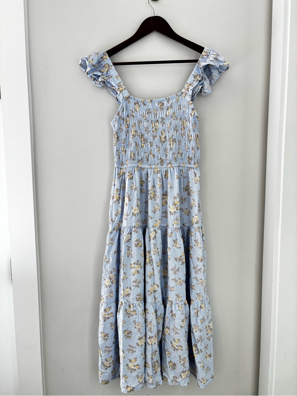 Women’s Floral Smocked Tiered Dress Blue Cottagecore Prairie Coquette Large